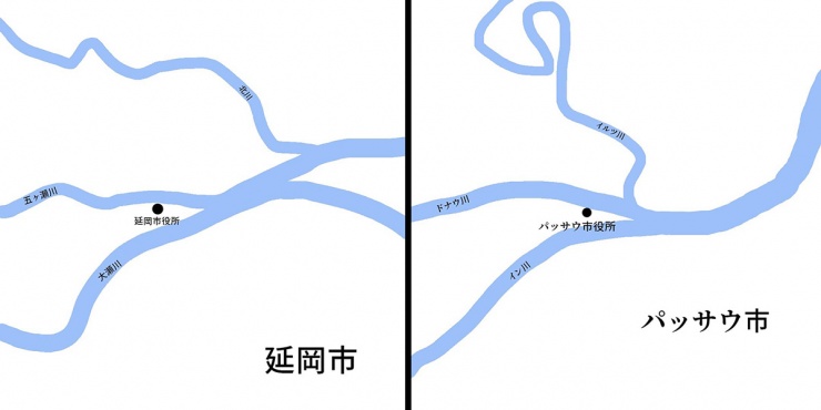 地図（延岡市の川、パッサウ市の川）