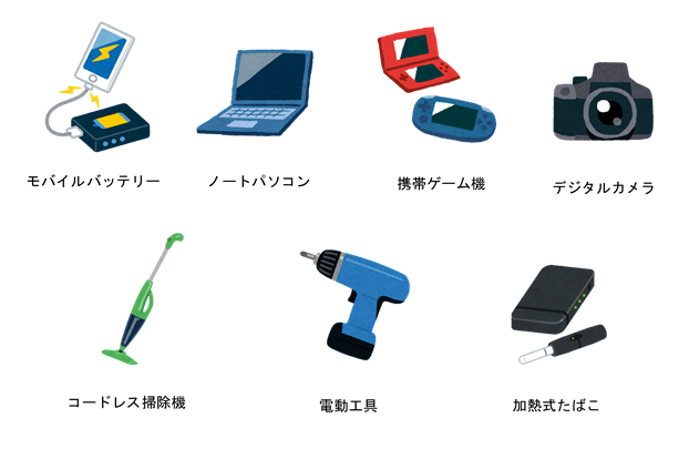 バッテリー、パソコン、ゲーム機、カメラ、掃除機、電動工具、たばこ画像