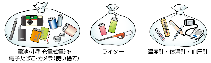 ※電池(乾電池・ボタン型・充電式等)、ライター(使い捨て含む)、水銀使用の温度計・体温計は、透明の小袋(指定ごみ袋は不要です)に入れて、他の燃やさないごみとは別にして、品目ごとにそれぞれ別々の袋に入れて、燃やさないごみの収集日に出してくださいの画像