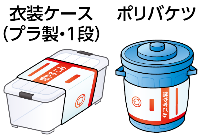 衣装ケースおポリバケツは燃やすごみの指定ごみ袋（大）を巻き付ける